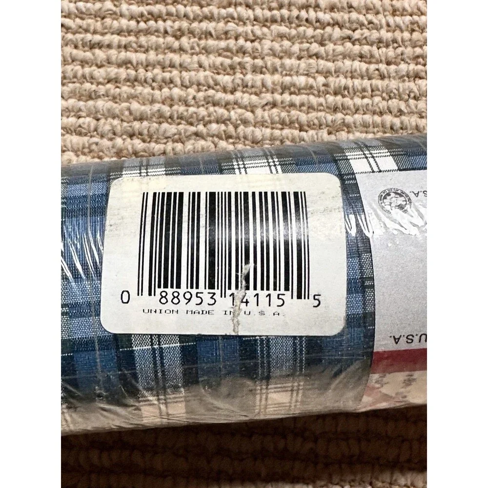 Imperial Wall paper Plaid vinyl Blue White 11 yd x 20.5 inch Union Made USA vtg
